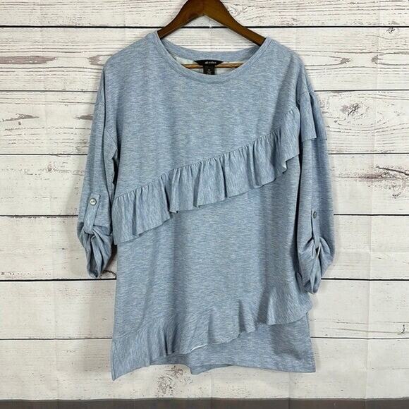 Ali Mlies Top Shirt Womens Medium Blue Sweatshirt Ruffle 3/4 Roll Tab Art Boxy - Picture 1 of 10
